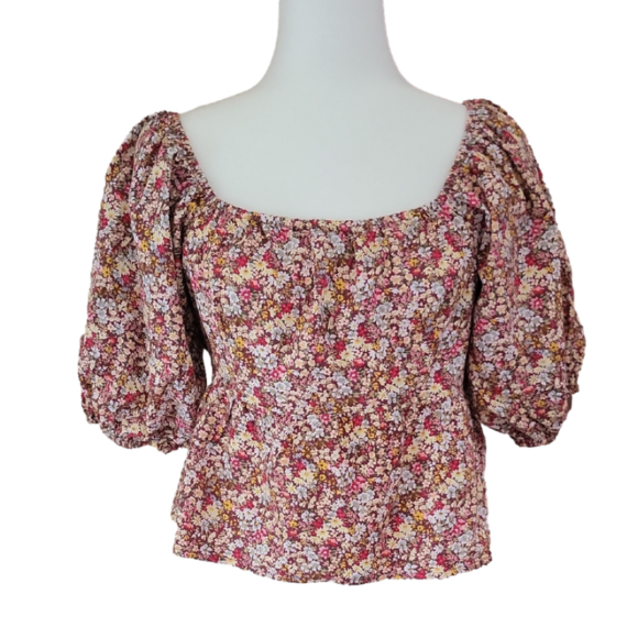 Sim & Sam Floral Shirred Puff Sleeve Off Shoulder Crop Baby Doll Top Size XL EUC - Picture 1 of 9